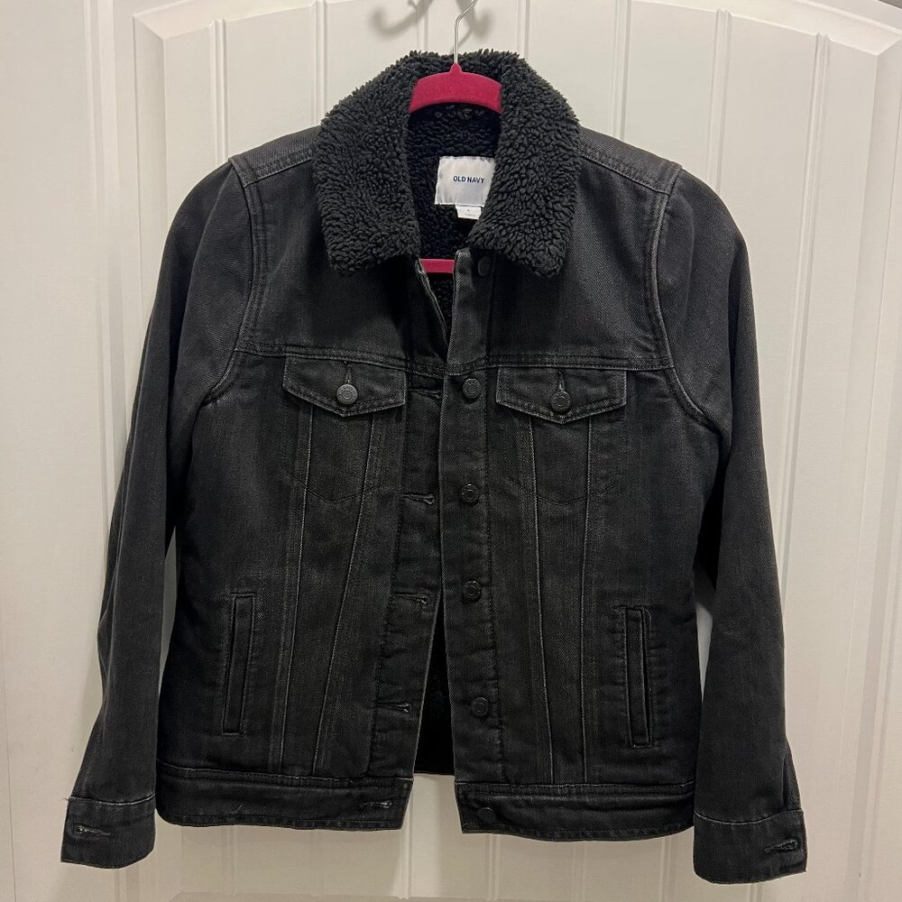 Sherpa-Lined Black Denim Button Up Jacket for Women | Old Navy